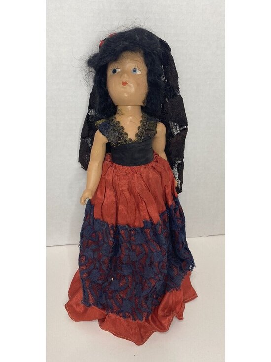 Unbranded Other - 10" Vintage 1950s Doll In Red Dress Goth Spanish Black Lace